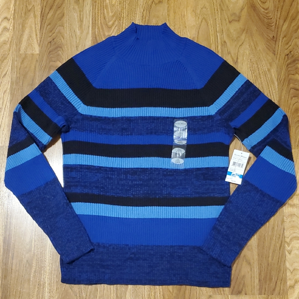 Studio Works Petite NWT Ribbed Mockneck Cotton Sweater Womens PXL Blue Stripe
